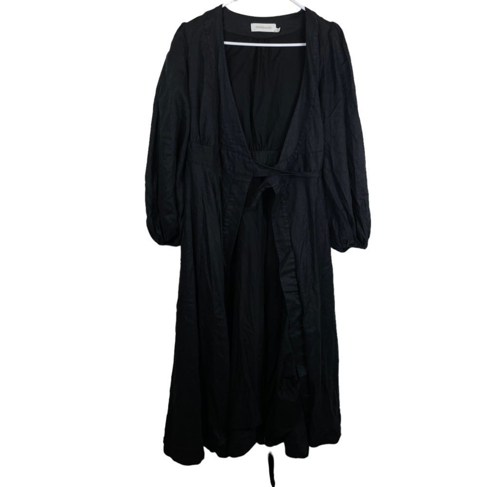Zimmermann Linen Cotton Long Puff Sleeve Wrap Midi Dress Black Size 1 (US 4-6)